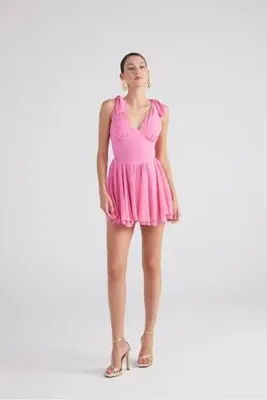 Holly Lolly Çıkarılabilir Korseli Gloplu Mini Şifon Fiona Elbise Pembe