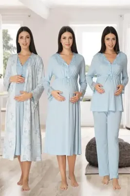 Lohussa Kadın Mavi Özel Tasarım Pamuklu Hamile Lohusa Sabahlık,Pijama Takımı, Gecelik 4'lü Set