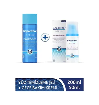 Bepanthol Derma Yoğun Nemlendirici Gece Bakım Kremi 50 ML + Derma Günlük Yüz Temizleme Jeli 200 ML