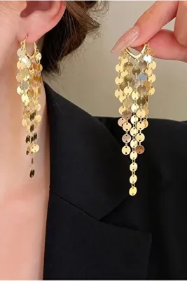 EKİDORA Pullu Sallantılı Kadın Gold Küpe Zincirli Trend Çelik Görünümlü Bujiteri Küpe Şık Günlük Takı