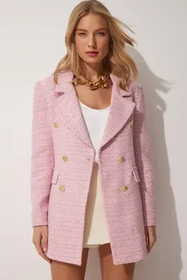 Happiness İstanbul Kadın Pembe Düğmeli Blazer Tüvit Ceket WF00004