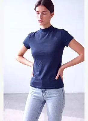 WestMark London Kadın Koyu Lacivert Viskon Yarım Balıkçı Yaka Kısa Kollu Duble Kol Detaylı Bluz DONNA