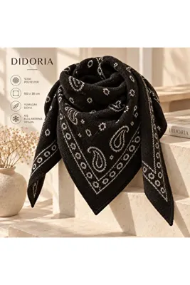 Didoria Accessory Kadın Bandana Desenli Triko Üçgen Şal Paisley Fular Kışlık Boyun Atkısı 103x38 cm - Siyah