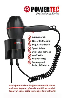 Powertec TR-301 Askı Aparatlı | Otel Tipi | Profesyonel Saç Kurutma & Fön Makinesi