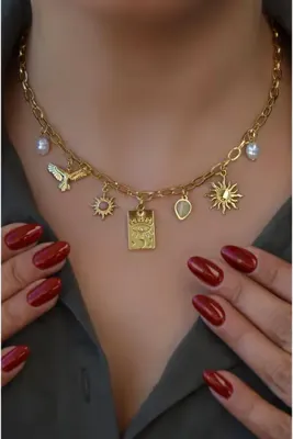 Sacce Scarves&Accessories Göz Madalyon İnci ve Kuş Charmlı Çelik Kolye Gold Renk Güneş Detaylı Choker