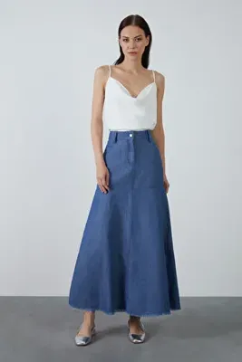 Kiwe Yüksek Bel Kloş Uzun Koyu Mavi Denim Etek