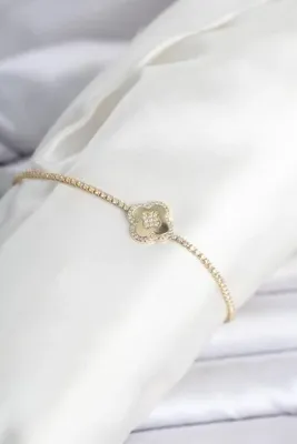 Genel Markalar Pirinç Gold Renk Zirkon Taşlı Yonca Model Su Yolu Kadın Bileklik