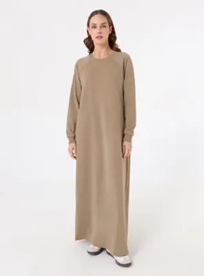 Benin Reglan Kollu Bisiklet Yaka Tesettür Elbise - Koyu Vizon - Benin