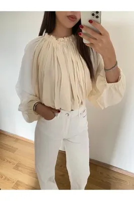 nesi collection Kadın Yakası Büzgülü Pileli Krem Bluz