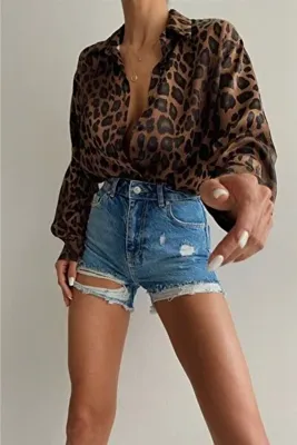 Hisleria Leopar Desen Oversize Saten (VİSKON) Kahverengi Gömlek