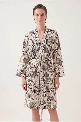 Vintero Home Terra Flora Viskon Pamuk Keten Karışımlı Kadın Kimono Sabahlık