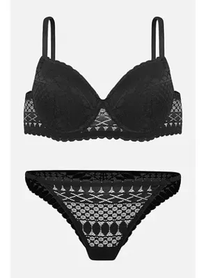 InStyle Dantelli İç Çamaşır Takımı Push Up Destekli - Siyah - 2721