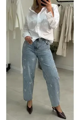 liya butik Mavi Ballon Fıt Taşlı Tasarım Jean