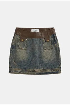 it's basic Kadın Koyu Kot 2w6-8 Straight Deri Detaylı Esnek Kumaş Tasarım Mini Denim Etek