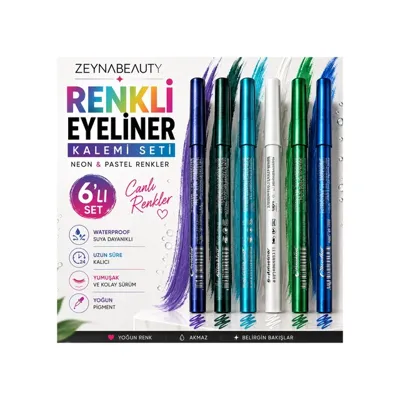 ZEYNABEAUTY Renkli Eyeliner Kalemi Seti 6'lı Waterproof Göz Kalemi Neon & Pastel Renkler Çok Renkli - 851609122 Diğer