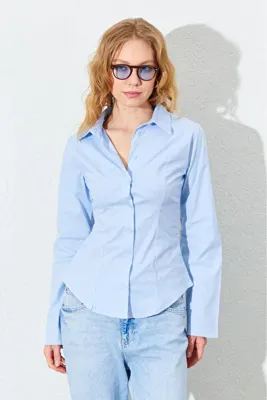 EDITION WOMAN Mavi Bel Oturtmalı İspanyol Kol 100% Pamuk Gömlek | EDİ100161463
