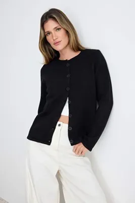 TRENDYOLMİLLA More Sustainable Siyah Bisiklet Yaka Basic Yumuşak Triko Hırka TWOAW27HI00095