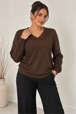 HELVEYS Kadın V Yaka yumuşak dokulu %100 Pamuklu Oversize triko salaş bluz – Uzun Kollu Basic Üst