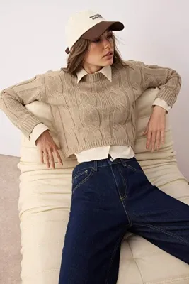 TRENDYOLMİLLA Teen Vizon Gömlek Garnili Detaylı Crop Triko Kazak TWOAW26KZ00047