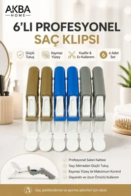 AKBA HOME 6’lı Profesyonel Saç Klipsi Seti Güçlü Tutuş Kaymaz Kuaför Tokası Saç Ayırma ve Şekillendirme Klipsi