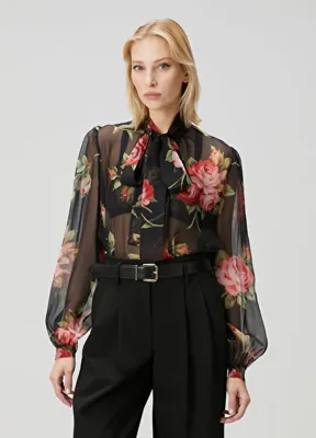 Dolce & Gabbana Siyah Çiçekli İpek Şifon Bluz
