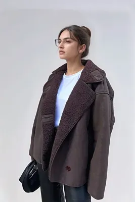 Paragon Else Acı Kahve Süet Dokulu İçi Peluş Kürklü Oversize Zr Model Mont Kaban
