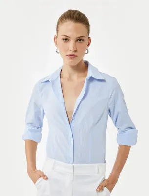 Koton Slim Fit Uzun Kollu Klasik Yaka Çizgili Gömlek