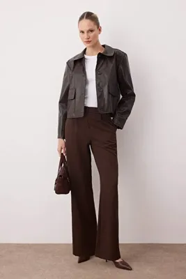 TRENDYOLMİLLA Kahverengi*001 Yüksek Bel Wide Leg/Geniş Paça Pilili Dokuma Pantolon TWOAW21PL0076