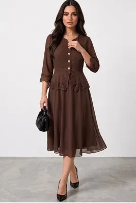 Moda Amore Kadın Dantel Detaylı Şifon Etekli Krep Midi Abiye Elbise 36-50 Beden 2840