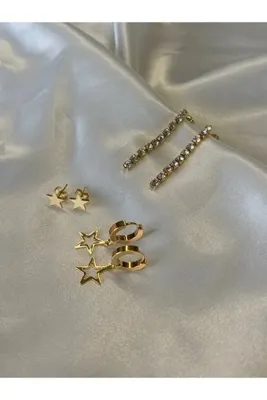 Eylülün Takısı Kadın Gold Renk Yıldızlı Taşlı Sallantılı 3'lü Çelik Küpe Seti
