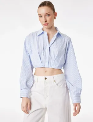 Koton Bol Kalıp Uzun Kollu Klasik Yaka Çizgili Crop Poplin Gömlek