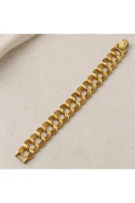 Genel Markalar 14 Ayar Altın Kaplama Üçlü Halka Tasarımlı Dokulu Kuyumcu Model Zincir Kadın Bileklik - 19,5 cm