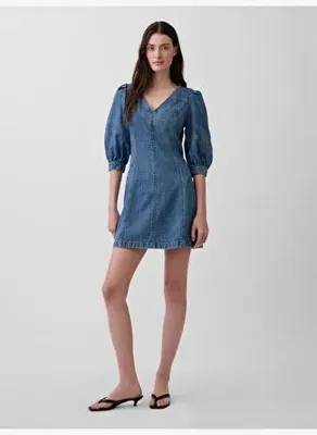 GAP UltraSoft Denim Puff-Sleeve Mini Elbise