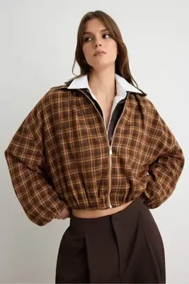 TRENDYOLMİLLA Kiremit Ekoseli Oversize Fermuarlı Mevsimlik Ceket TWOAW27CE00086