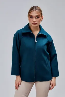 Bolivente Petrol Mavi Oversize Fermuarlı Kaşe Ceket