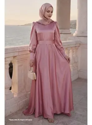 InStyle Kol Ucu Fermuarlı Gül Kurusu Saten Elbise