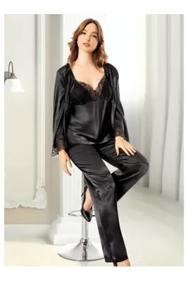 dynamic Saten 3'Lü Dantelli Sabahlık Gecelik Pijama Takımı