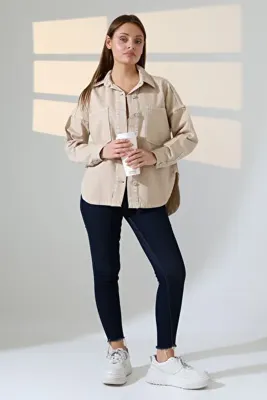 BLUE NATIONAL JEANS Kadın Oversize Kesim Gabardin Gömlek Ceket Bej Koyu Renk Günlük Şıklık -BNJ4887
