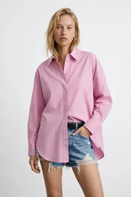 Quzu Oversize Pembe Kadın Gömlek 11478