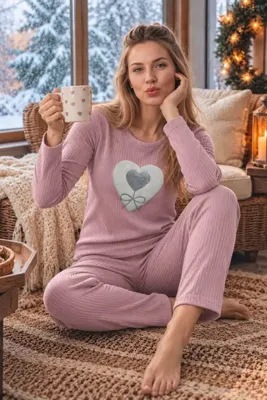 ELİTOL Pamuklu Soft Touch Raporlu İnterlok Pudra Nakış Detaylı Kadın Pijama Takımı
