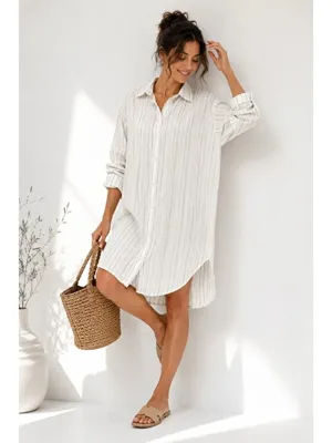 Mulberry Kadın Müslin Çizgili Gömlek Oversize Uzun Kollu Düğmeli Rahat Kesim Tunik