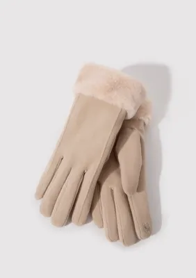 Mavi Peluş Detaylı Bej Eldiven