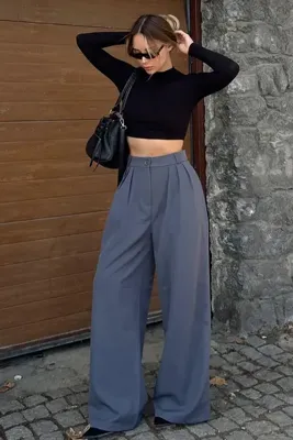 Swist Füme 3 Pileli Yüksek Bel Cepli Bol Paça Kadın Palazzo Pantolon