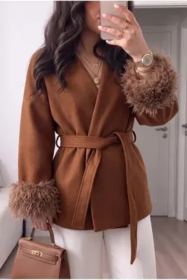ALFUDO Moda Collection Kahve Bağlama Detaylı Rahat Kalıp Kaşe Kol tüy detay Hırka/Ceket