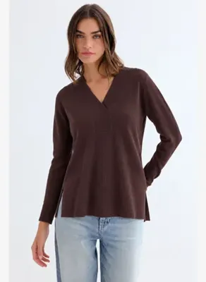 Silk and Cashmere Kahverengi Isabella Saf Kaşmir V Yaka T Kol Kazak