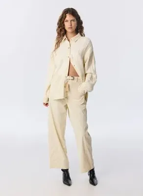 Twist TW6260003243 Ekru Kadın Orta Bel Fitilli Bol Paça Pantolon