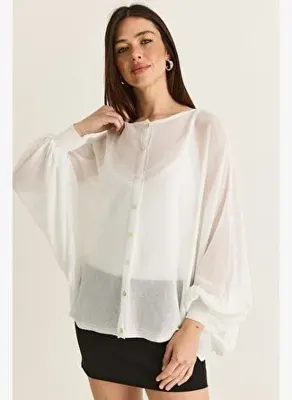 Shade Kadın Düğme Kapalı Oversize Merserize Triko Pelerin Bluz 2869 60286538 - Ekru