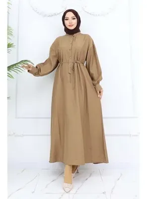 benguen Önü Düğmeli Bağlamalı Elbise Vizon 2242
