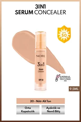 Note Cosmetics 3 in 1 Serum Concealer 20 Medium Beige SPF 50 Nemlendirici ve Aydınlatıcı Göz Altı Kapatıcısı