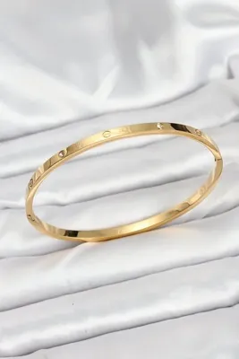 Genel Markalar 316L Çelik Gold Renk Zirkon Taşlı 65 mm İnce Kadın Kelepçe Bileklik - Lisinya